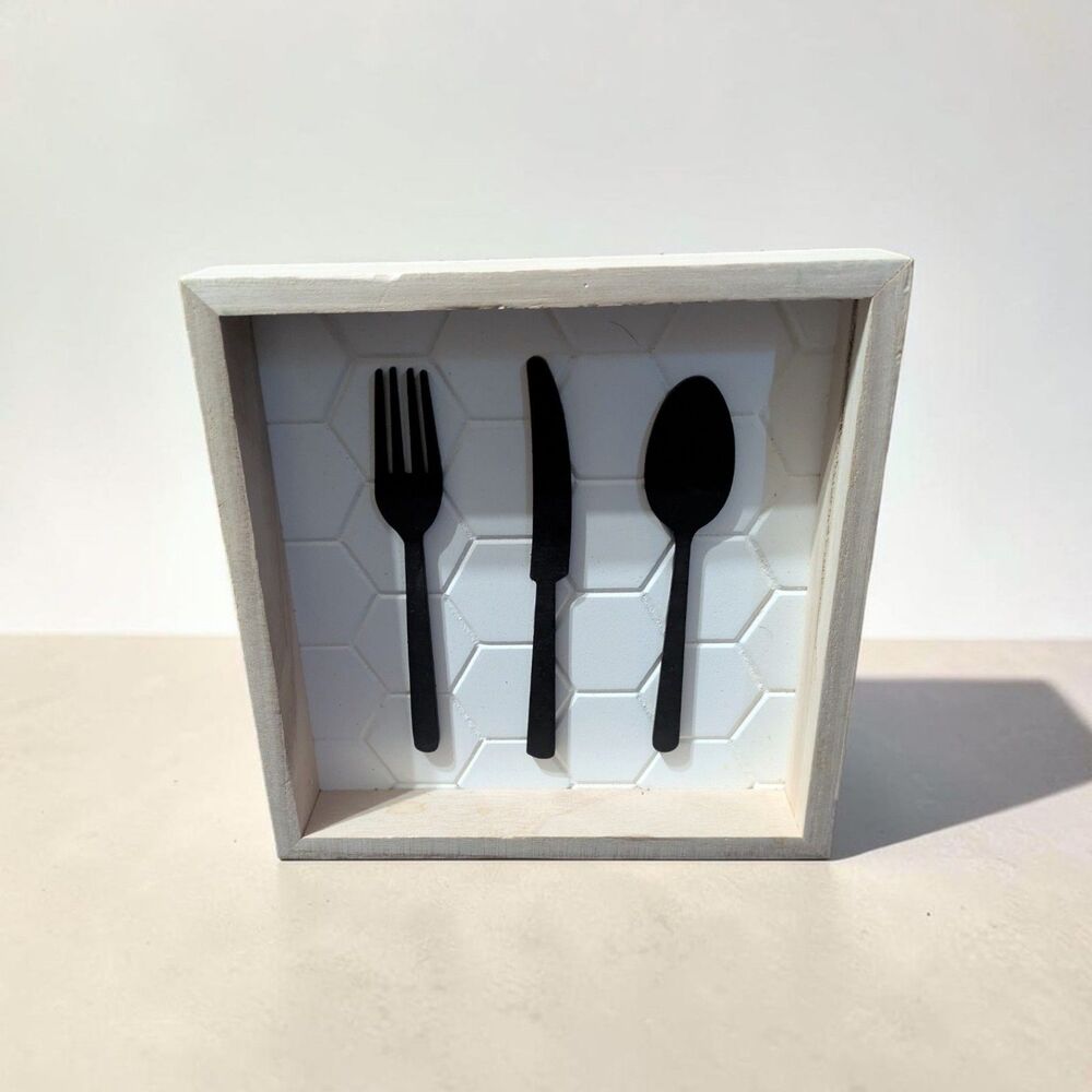 Farmhouse Kitchen Utensil Wall Art Wood Shadow Box Fork Spoon Knife 8x8